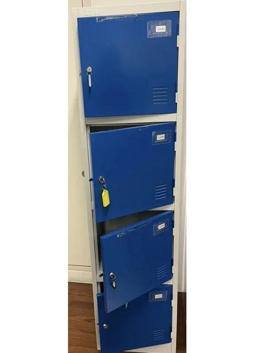 Atlas Personal Effects Lockers – Heavy Duty | 4-Door Banks | Grey & Blue