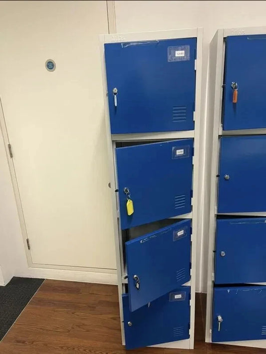 Atlas Personal Effects Lockers – Heavy Duty | 4-Door Banks | Grey & Blue