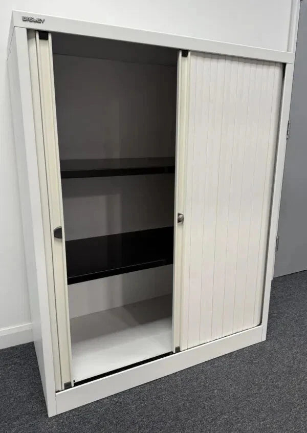 Bisley 1.2m Double Door Side Tambour Cabinet – White – Lockable with Shelves