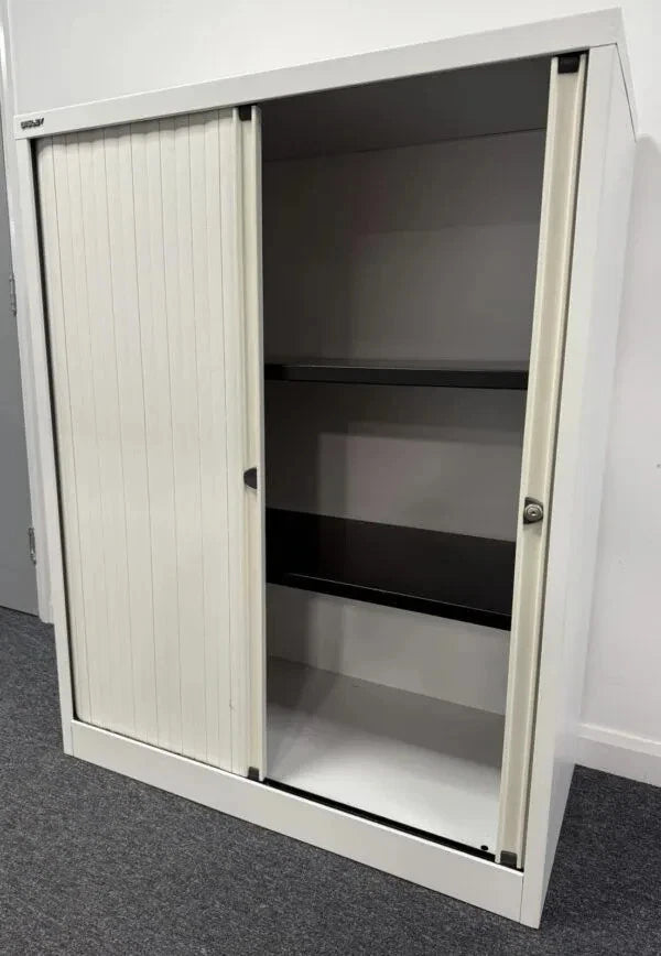 Bisley 1.2m Double Door Side Tambour Cabinet – White – Lockable with Shelves