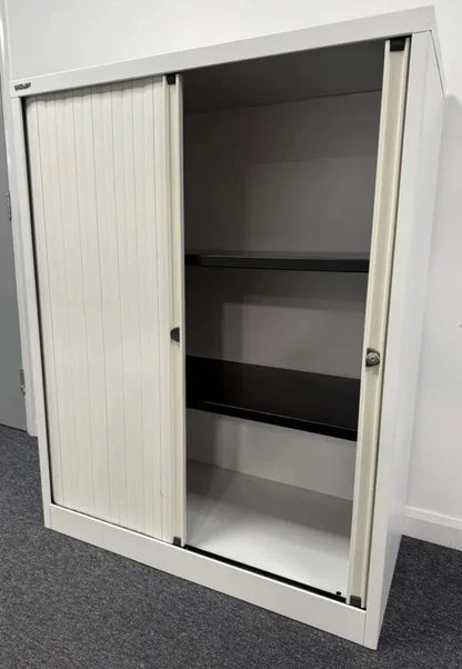 Bisley 1.2m Double Door Side Tambour Cabinet – White – Lockable with Shelves