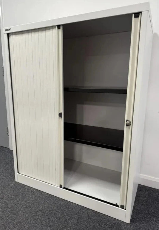 Bisley 1.2m Double Door Side Tambour Cabinet – White – Lockable with Shelves